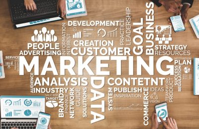 Digital Marketing Technology Solution for Online Business Concept - Graphic interface showing analytic diagram of online market promotion strategy on digital advertising platform via social media.