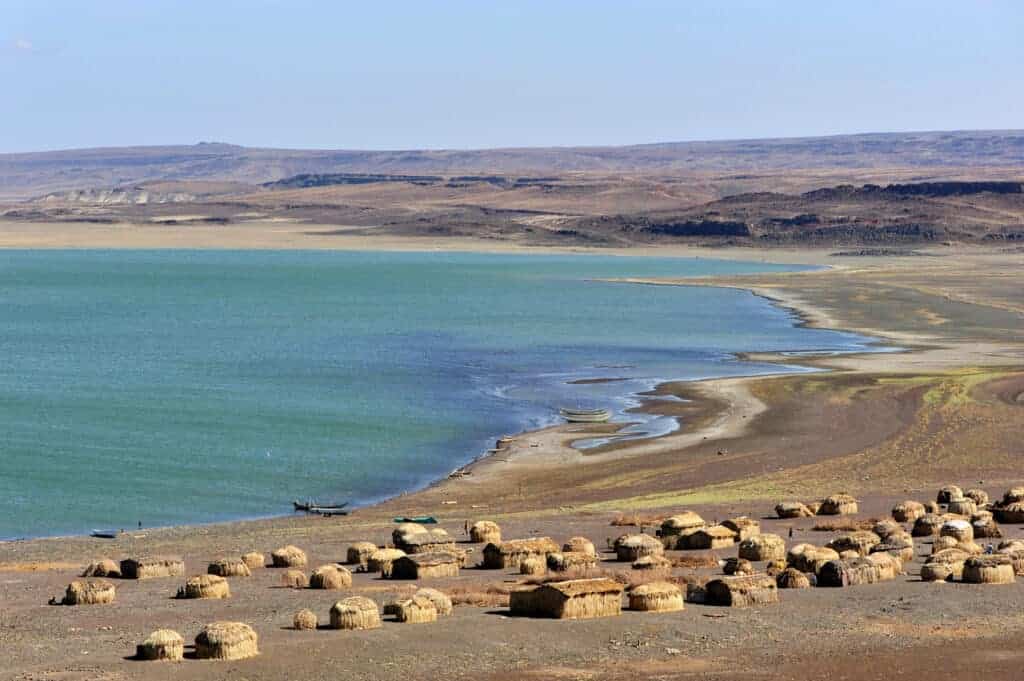 "African huts village, El molo tribe, Lake Turkana, North Kenya, Great Rift Valley"