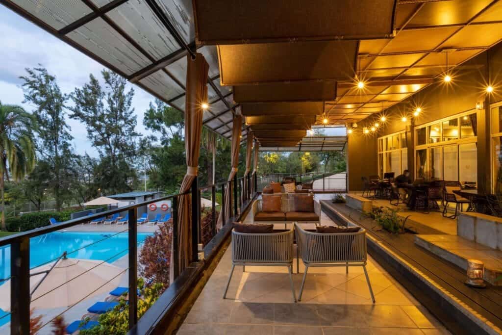 Seating area with a view of the pool | Photo credit: Hôtel des Mille Collines