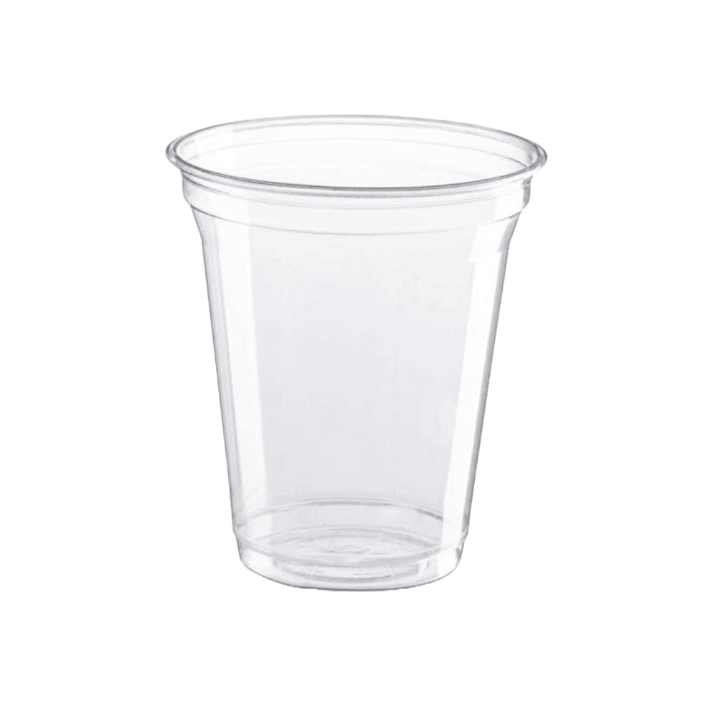 Bicchiere trasparente in bioplastica PLA con tacca a 400 ml, vuoto, su sfondo bianco.