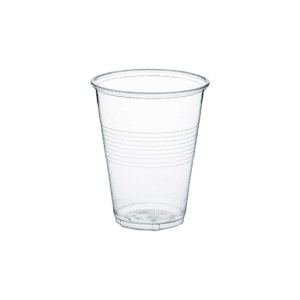 Bicchiere trasparente in plastica biodegradabile, vuoto, su sfondo bianco.