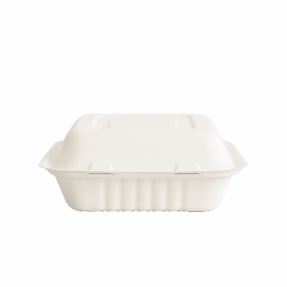 Contenitori quadrati bianchi con coperchio in cellulosa, dimensioni 22x20x8 cm.