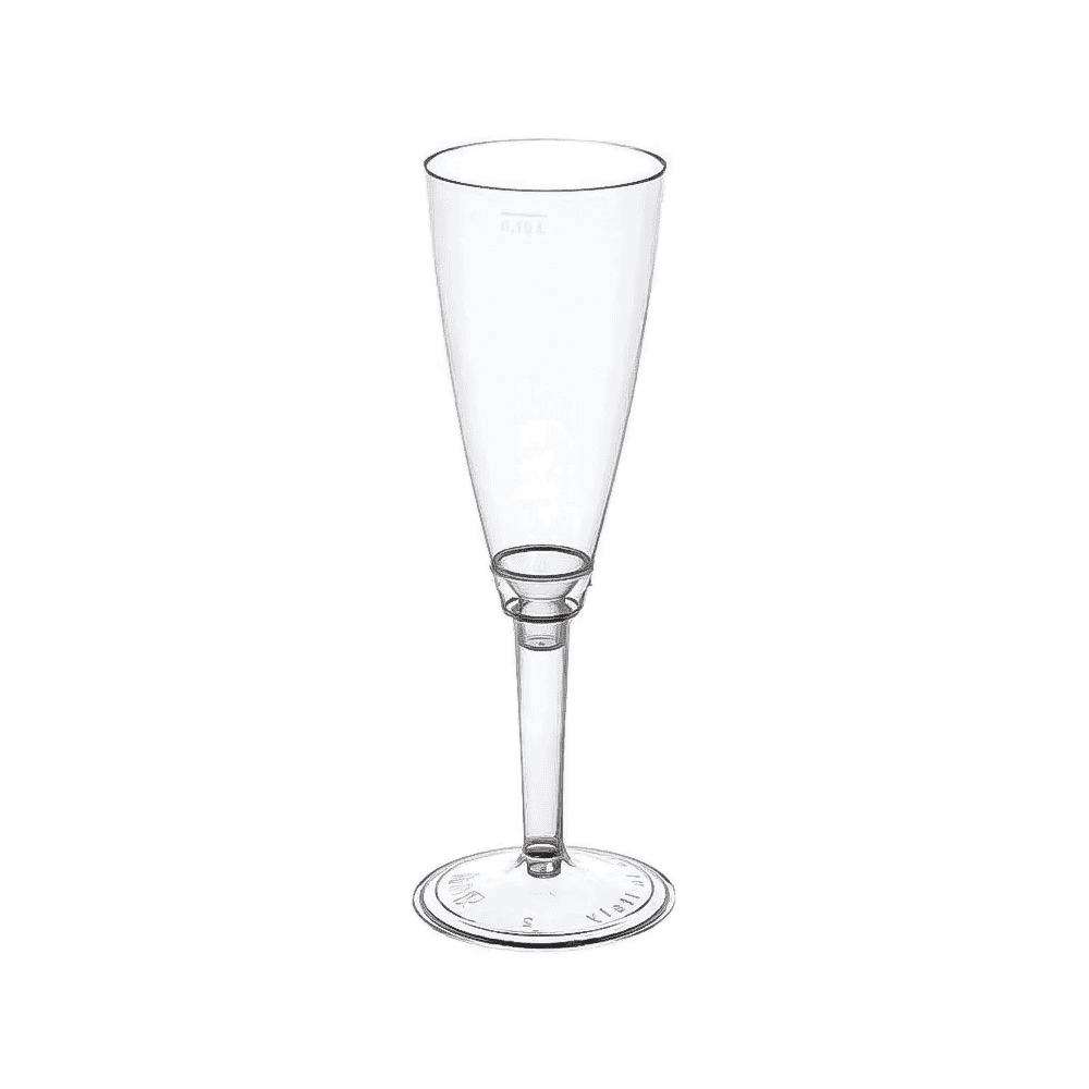 Calice da champagne in plastica compostabile trasparente, vuoto, su sfondo bianco.