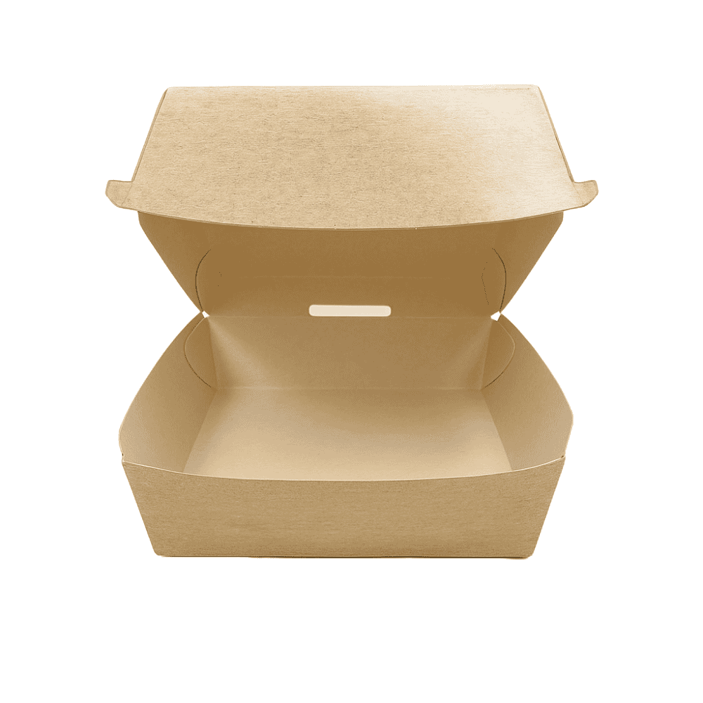 Porta burger quadrato in cartoncino avana con rivestimento in PLA biodegradabile, dimensioni 12x12x7 cm, confezione da 100 pezzi.