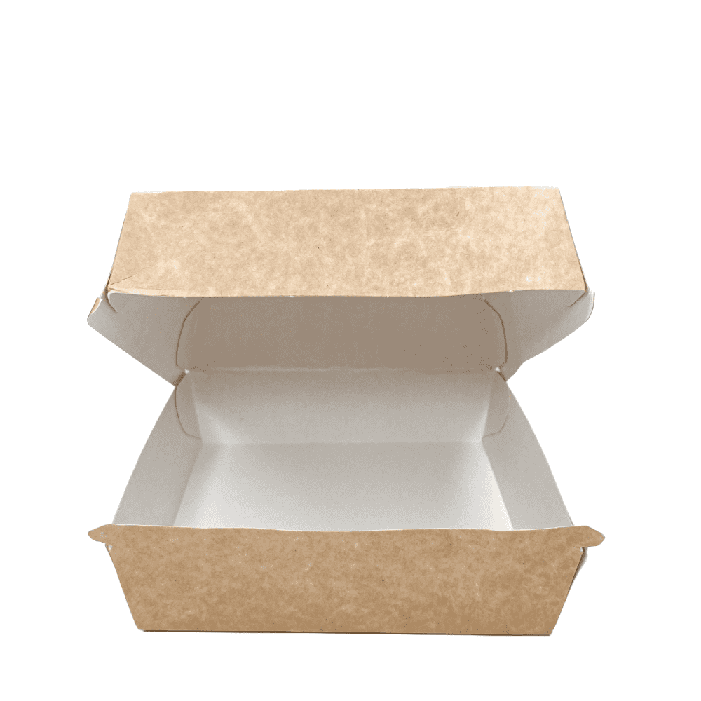 Porta burger quadrato in cartoncino avana e PLA, 17,5x17,5x8 cm. Ideale per hamburger extra-large e il take-away sostenibile.