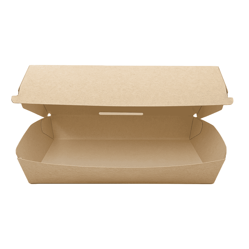 Scatola porta panino in cartoncino riciclabile dimensioni 19x11x7,5 cm, confezione da 200 pezzi. Ideale per asporto e catering sostenibile.