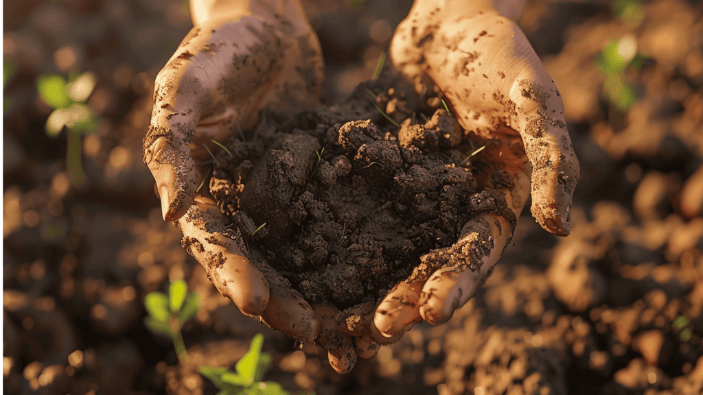 Mani che raccolgono terra fertile con piccoli germogli, simbolo di compostaggio e agricoltura sostenibile.