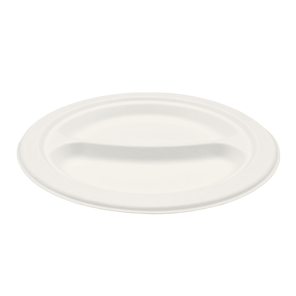 Assiettes à deux compartiments compostables, lot de 100, en pulpe végétale.