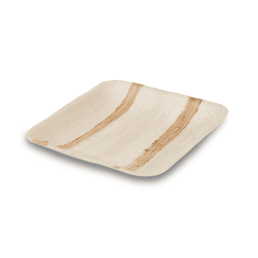Assiettes carrées en feuilles de palmier compostables 15×15 cm, paquet de 25 pièces pour la restauration et les services alimentaires.