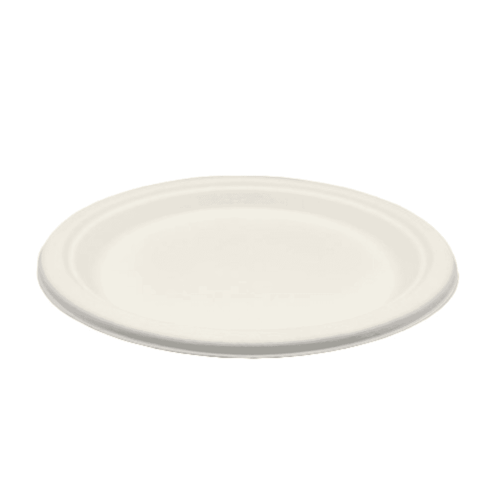 Assiettes rondes blanches en canne à sucre, 23 cm, lot de 100, compostables.