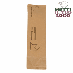 Couverts jetables personnalisés en sachet, fourchette et couteau compostables.