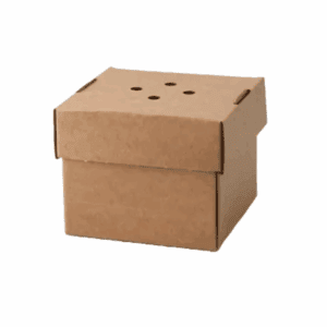 Emballage biodégradable avec couvercle et trous d’aération.