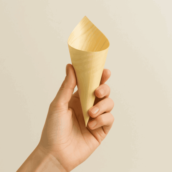 Cônes en bois pour finger food, certifiés sans plastique et compostables.