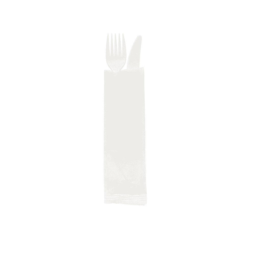 Couverts compostables Bis blancs avec serviette en sachet.