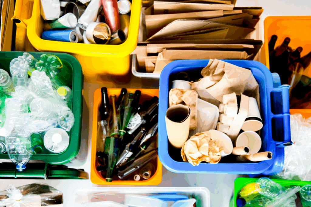 Contenitori per raccolta differenziata con plastica, vetro, carta e materiali compostabili.