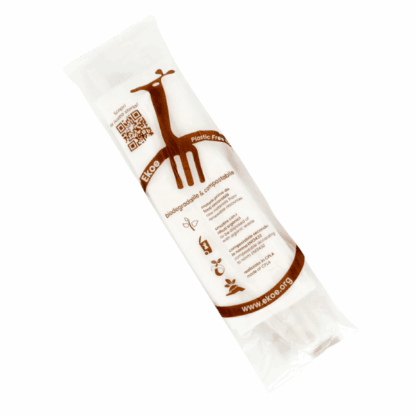 Fourchette compostable avec serviette, certifiée Uni En 13432.