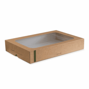 Grandes boîtes alimentaires avec fenêtre en bioplastique 45x31x8,2 cm, 25 pcs, compostables et biodégradables.
