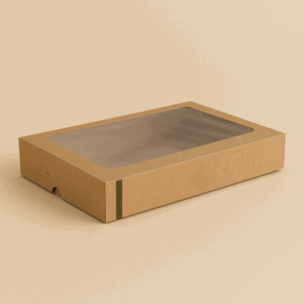 Grandes boîtes alimentaires avec fenêtre en bioplastique 45x31x8,2 cm, certifiées compostables, 25 pcs.