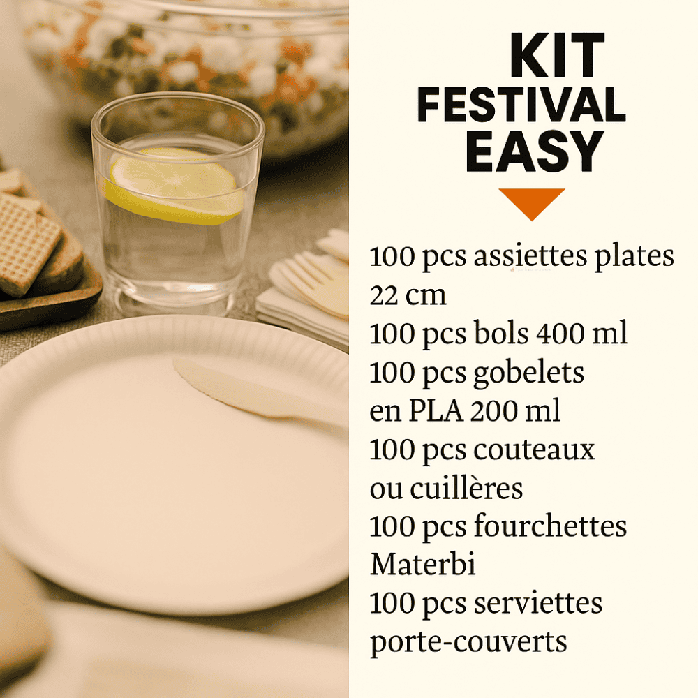 Kit de vaisselle compostable 100 couverts, idéal pour festivals et événements.