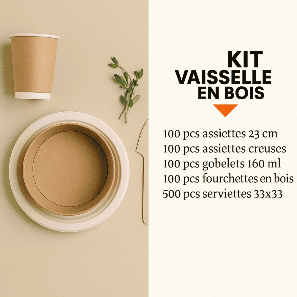 Kit de vaisselle en bois, 100 pièces, compostable et biodégradable.