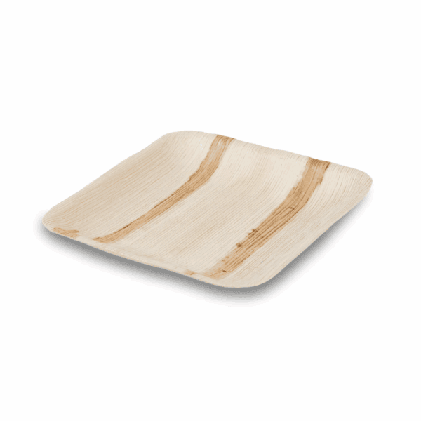 Piatti quadrati in foglia di palma compostabile 15×15 cm, confezione da 25 pezzi per catering e ristorazione.