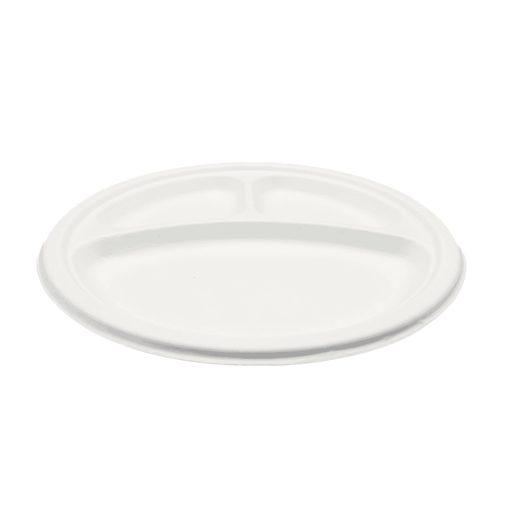 Assiettes à trois compartiments en pulpe de cellulose et PLA, lot de 100, compostables.