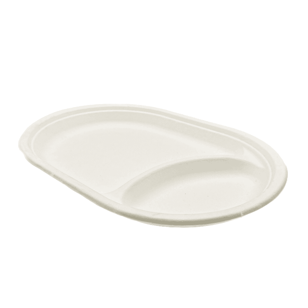 Plaques ovales à deux compartiments en pulpe, lot de 100, compostables et biodégradables.
