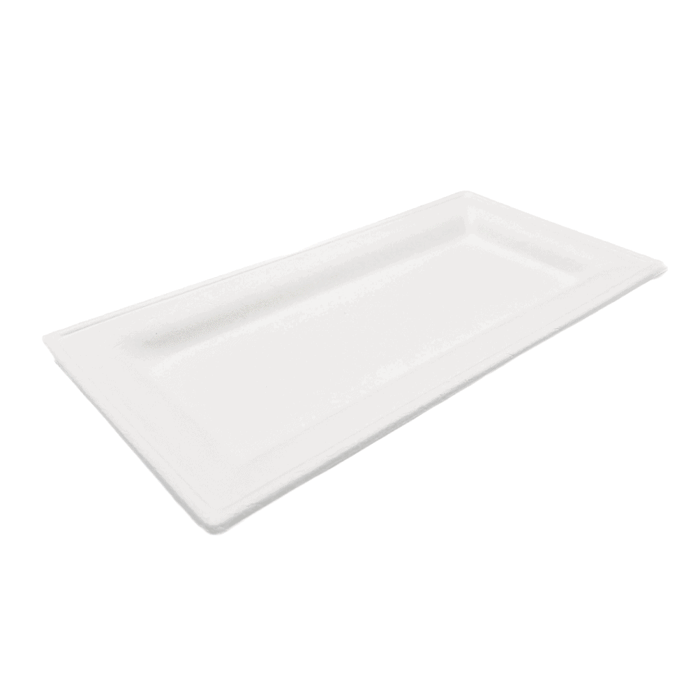 Assiettes rectangulaires en pulpe de cellulose et PLA 26×13 cm, lot de 100, compostables.
