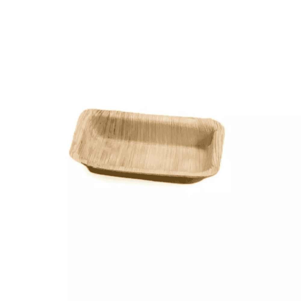 Plateaux en feuilles de palmier, 12x7 cm, lot de 25, compostables et biodégradables.