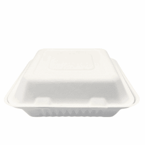 Récipient à trois compartiments en pulpe, compostable, avec couvercle.