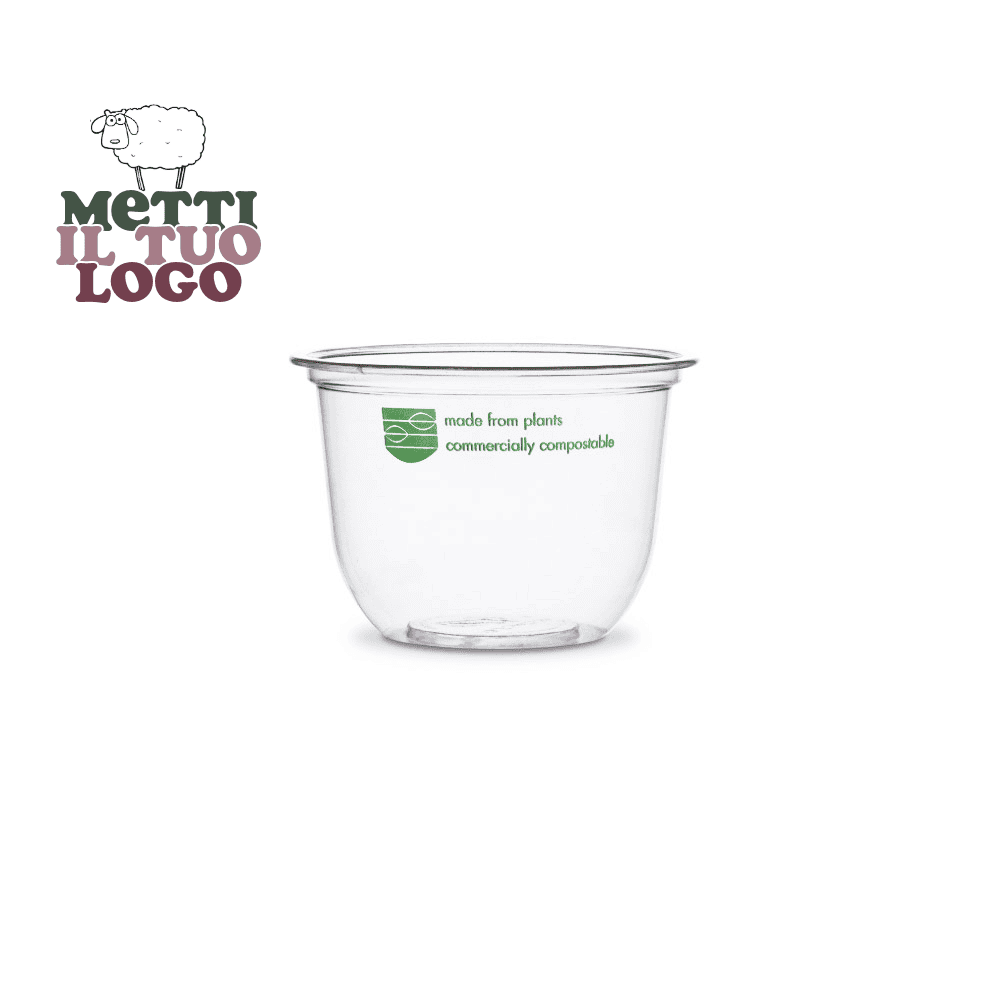 Récipient rond personnalisé en bioplastique 350 ml, compostable et biodégradable, adapté au contact alimentaire.