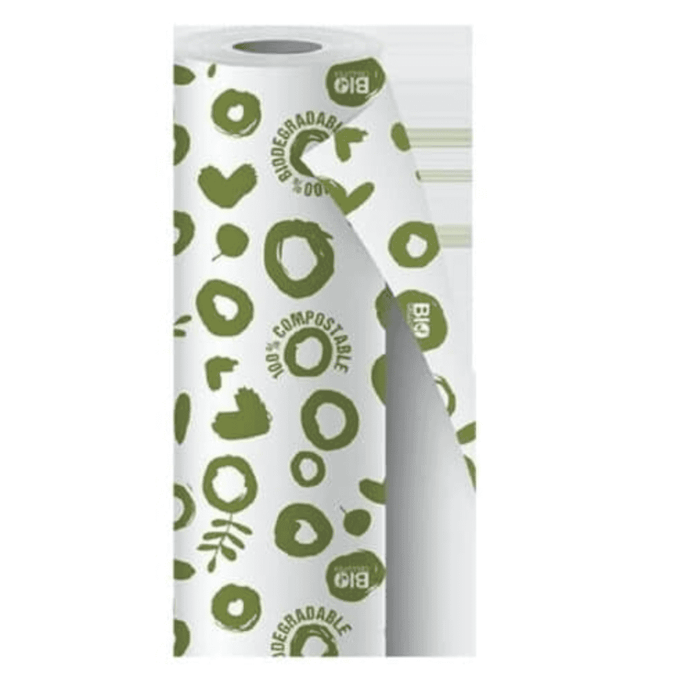 Rouleau de nappe en papier blanc avec graphisme vert compostable.