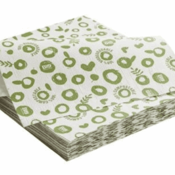 Nappe en papier blanc décorée de motifs verts biodégradable.