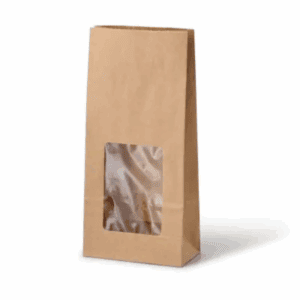 Sac en papier kraft avec fenêtre en PLA 11×6×23,5 cm, biodégradable.