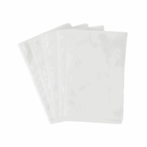 Sac alimentaire sous vide compostable gaufré 20x24 cm, certifié Uni EN 13432, sans plastique, adapté au contact alimentaire.