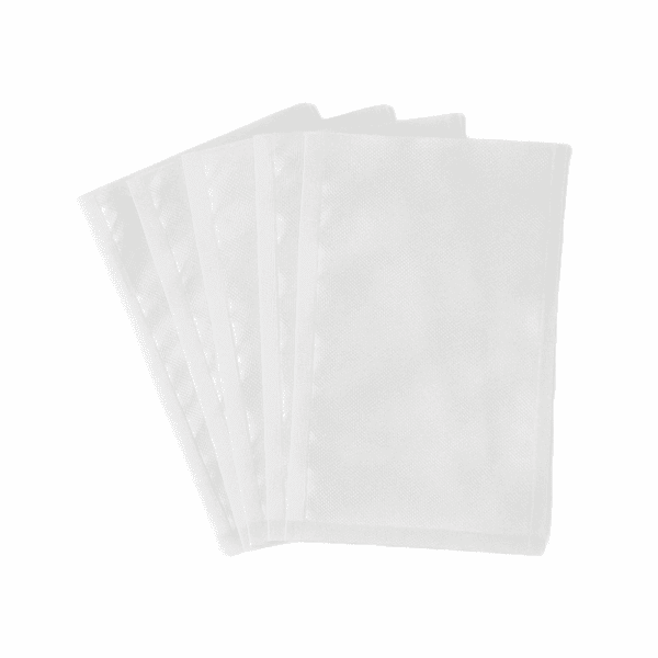Sac alimentaire sous vide compostable gaufré 20x24 cm, certifié Uni EN 13432, sans plastique, adapté au contact alimentaire.