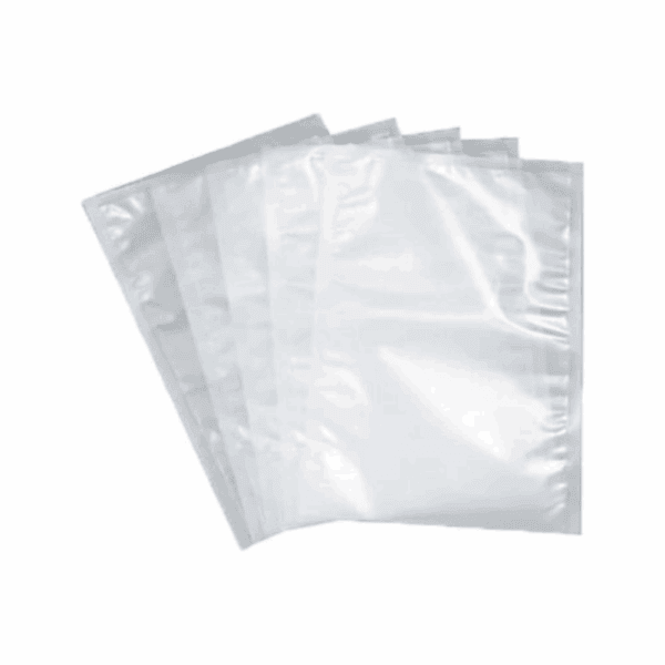 Sac alimentaire sous vide compostable lisse 20x24 cm, certifié Uni EN 13432, sans plastique, adapté au contact alimentaire.