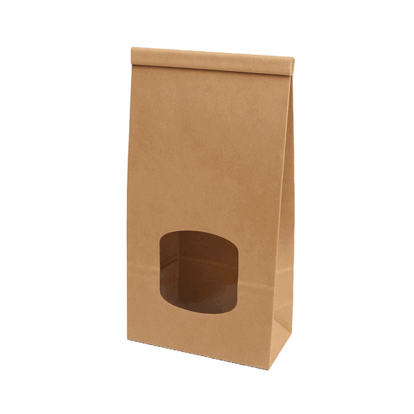 Sac en papier kraft avec fenêtre 11,5x7x24,6 cm, certifié Uni EN 13432, sans plastique, adapté au contact alimentaire.