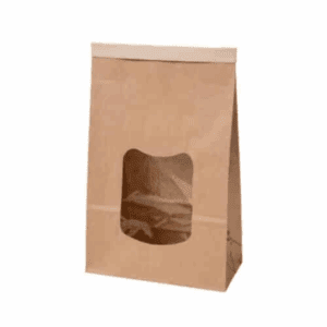 Sac en papier kraft avec fenêtre 15,5 x 7 x 24,2 cm, certifié Uni EN 13432, sans plastique, adapté au contact alimentaire.