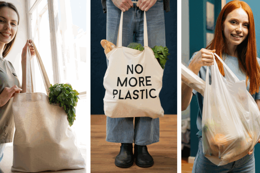 Shopper in tessuto e shopper compostabili in bioplastica per la spesa sostenibile e il packaging ecologico.