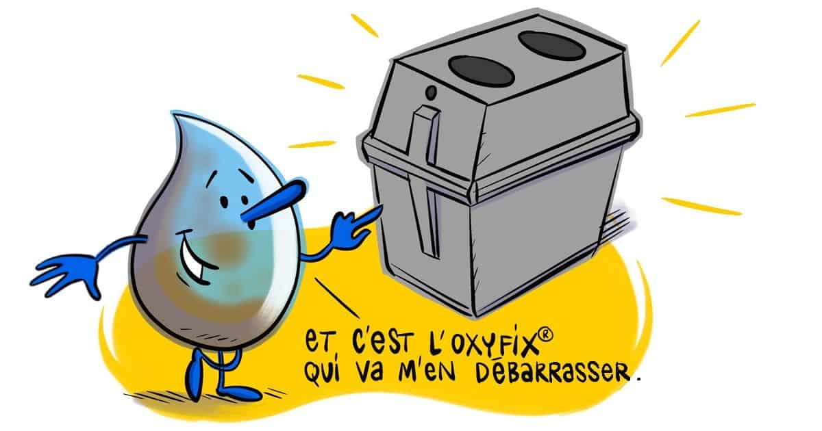 "et c'est l'oxyfix® qui va m'en débarrasser" une goutte d'eau montre une microstation oxyfix®