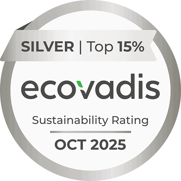 Award Badge awarded by Ecovadis: Silver Top 15% Sustainability Rating, December 2025.