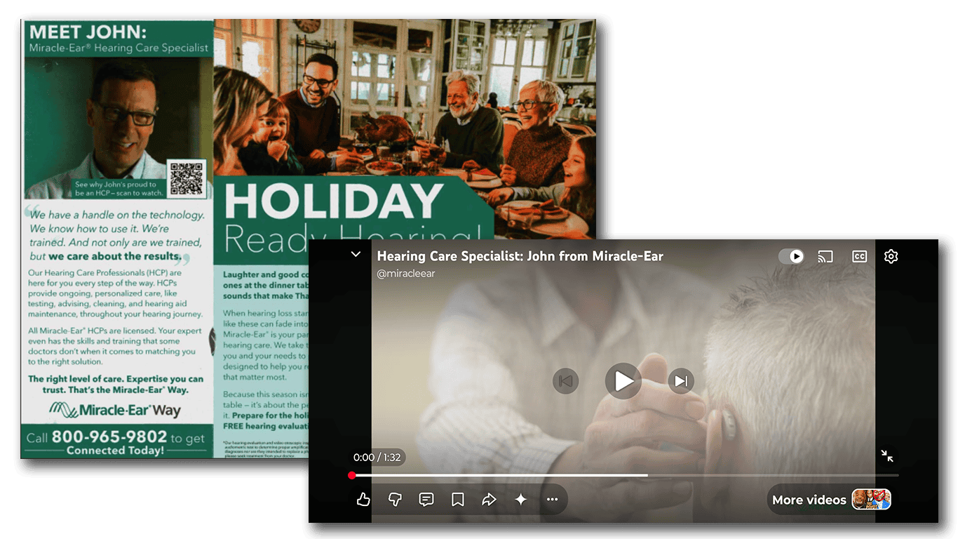 Miracle Ear direct mail with QR code and video thumbnail