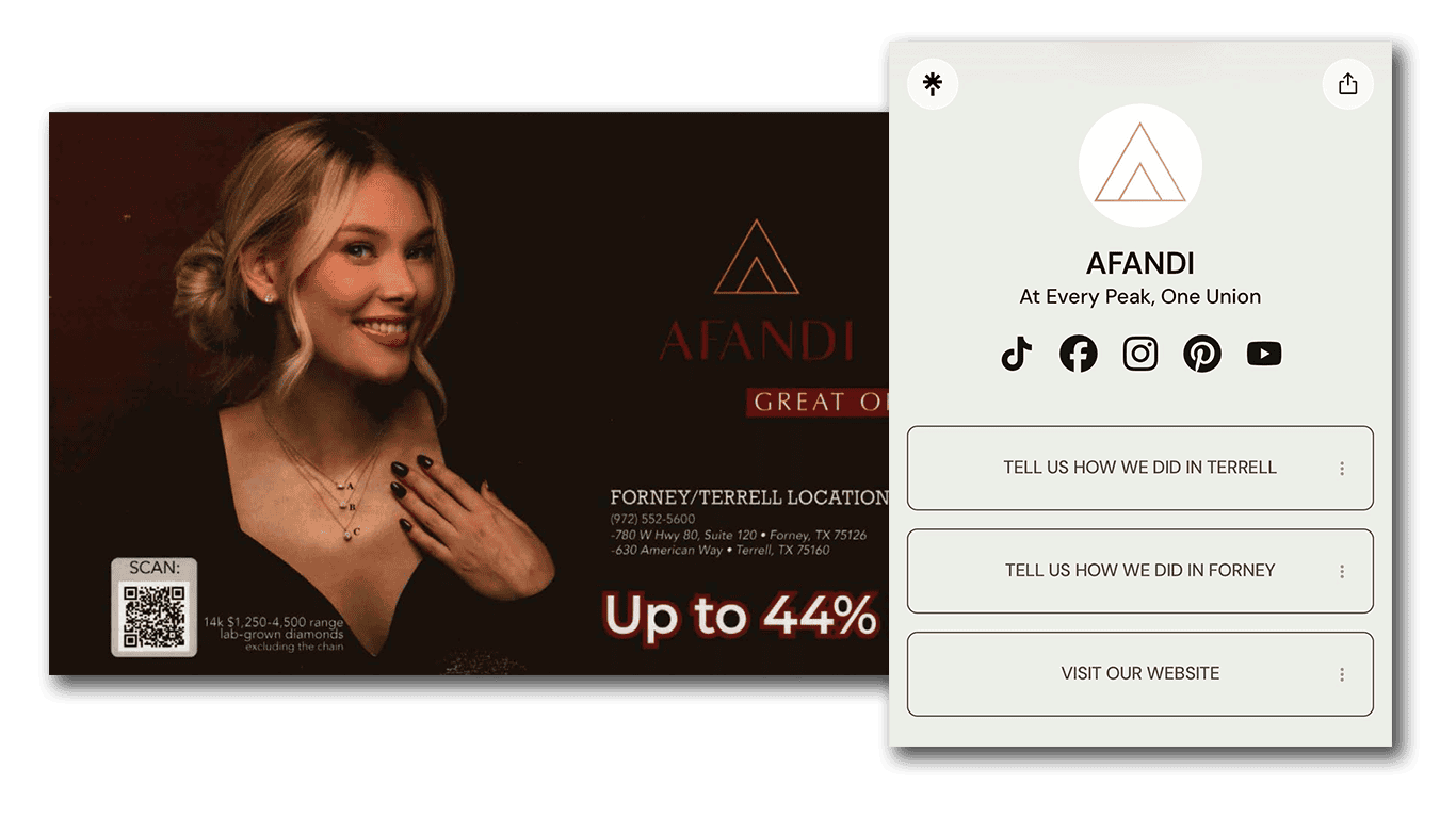 Afandi direct mail featuring product and location with QR code to Linktree