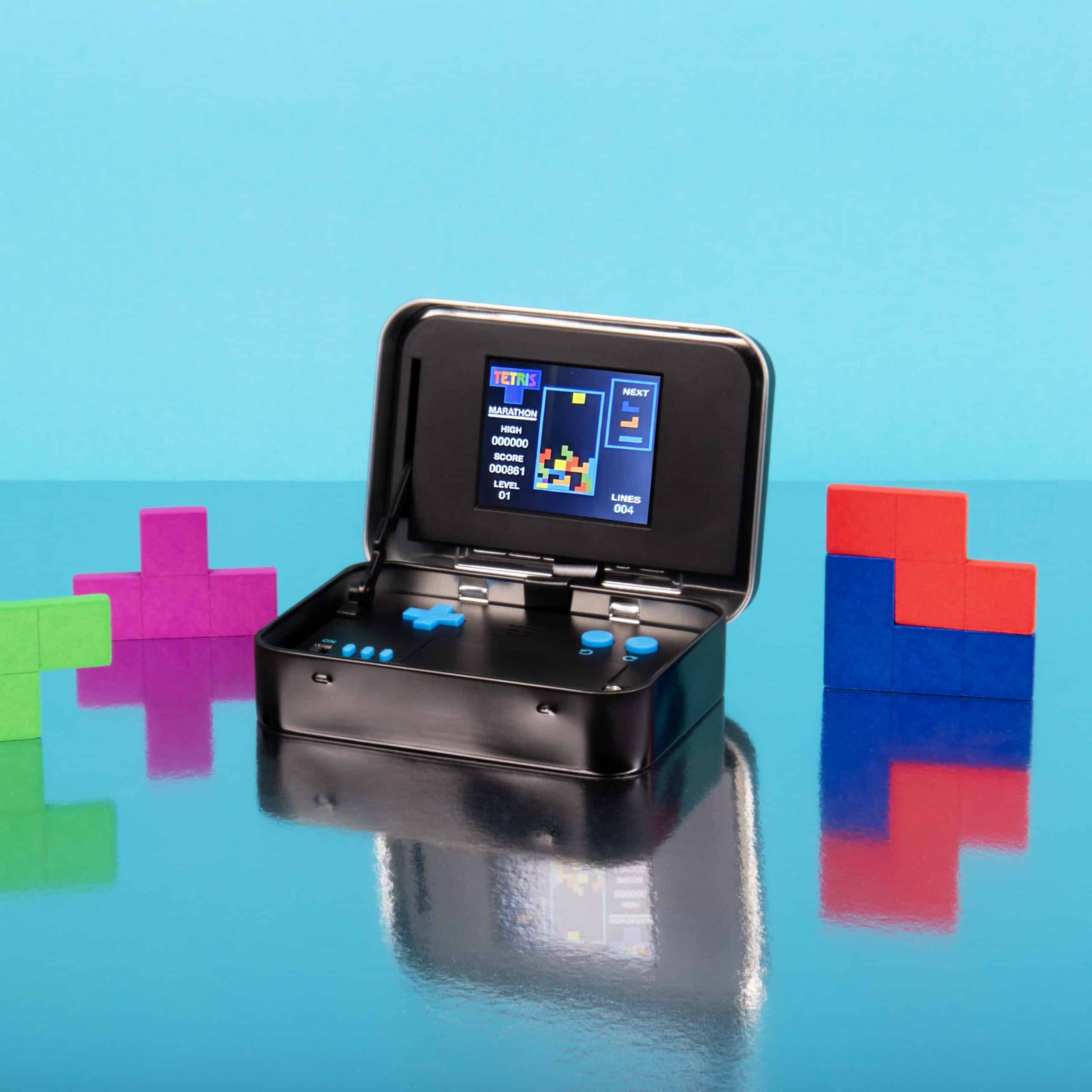 1932 Tetris Arcade in a Tin with screen square Tetris arcade game in a tin