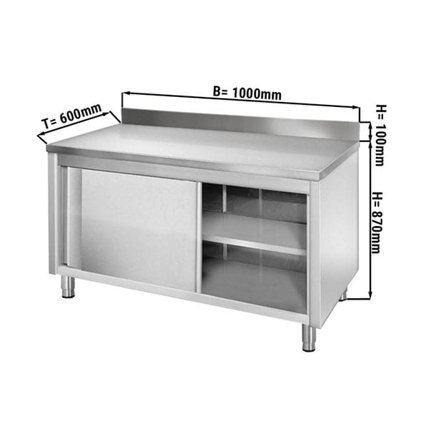 Pracovný nerezový stôl so skriňou s lemom 1,0 x0,6m – posuvné dvere - Image 4