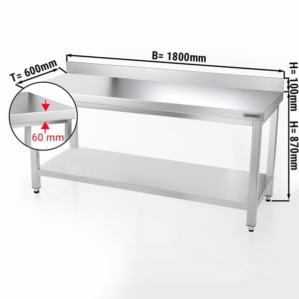 Nerezový pracovný stôl s lemom - 180 x 60 cm - so základnou policou - Image 2