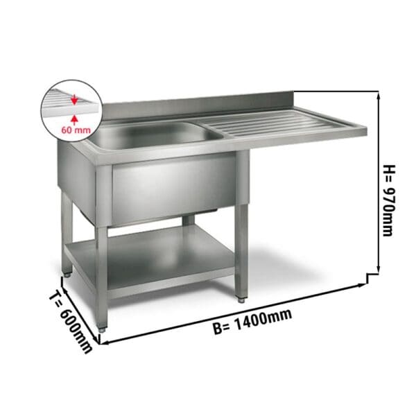 Umývací stôl , nerezový drez 1,4 x 0,6m  - 1 drez vľavo D 50 x Š 40 x H 25 cm