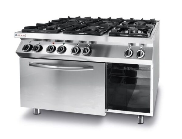 6-horákový plynový sporák Kitchen Line s konvekčnou elektrickou rúrou GN 1/1, HENDI, Kitchen Line, 230V/3000W, 28,5kW, 1200x722x(H)900mm