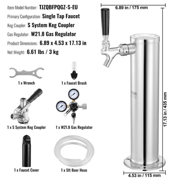Súprava pivnej veže VEVOR Kegerator, súprava na konverziu piva s jedným kohútikom, dávkovač sudov na pivo z nehrdzavejúcej ocele s dvojitým regulátorom W21.8 a spojkou S System pre domáce večierky - Image 7